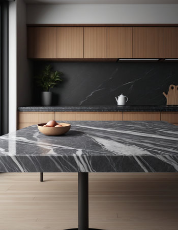 Interior of modern kitchen with gray and wooden walls, concrete floor, gray countertops and wooden cupboards. 3d renderingの素材