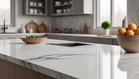 Close up of white marble countertop in modern kitchen with blurred backgroundの素材