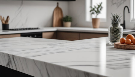 Close up of white marble countertop in modern kitchen interior with plant and fruitsの素材