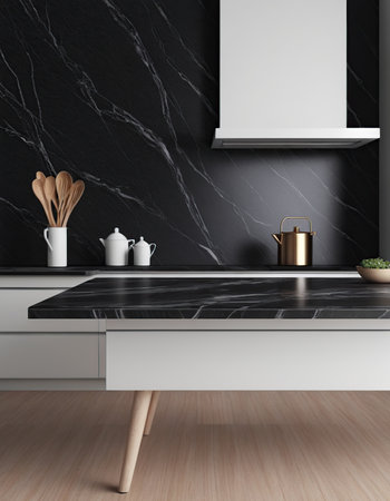 3d render of modern kitchen with black marble and white countertopsの素材