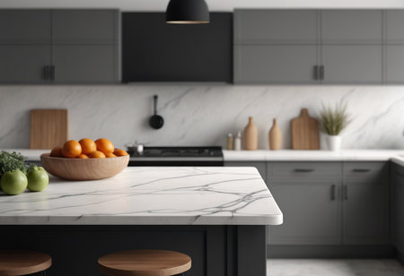 Modern kitchen interior with white marble countertop, sink and cooker. 3d renderの素材