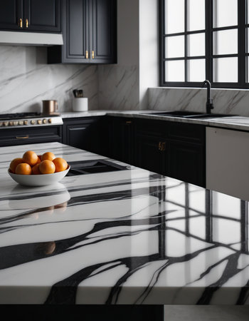 Luxury black and white modern kitchen interior with marble countertop, tangerinesの素材