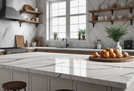 White marble countertop in modern kitchen. 3d rendering mock upの素材