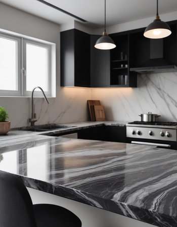 Luxury kitchen interior with black and white marble countertops. 3d renderingの素材