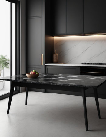 Interior of modern kitchen with black and white walls, concrete floor, black countertops and wooden cupboards. 3d renderingの素材