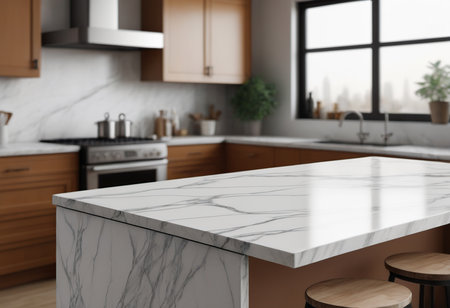 Close up of white marble countertop in modern kitchen. 3d renderingの素材