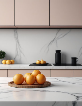 Tangerines on white marble table in modern kitchen. Mock upの素材