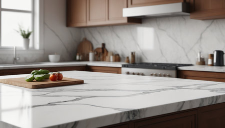 Modern kitchen interior with white marble countertop. 3d rendering mock upの素材
