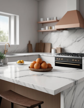 Modern kitchen interior with white marble countertop and oven. 3d renderingの素材