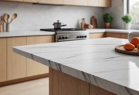 White marble countertop in modern kitchen interior, closeup. Mock upの素材