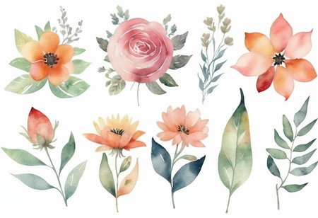 Watercolor flowers set. Hand painted floral elements isolated on white background.の素材