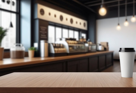 Blank white paper cup on wooden table in coffee shop. Mock up, 3D Renderingの素材