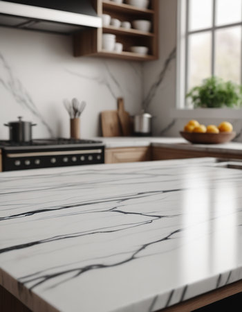 Closeup of white marble countertop in modern kitchen, nobody insideの素材