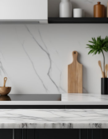 Close up of white marble countertop in modern kitchen with white marble walls, concrete floor and green plant. 3d renderingの素材