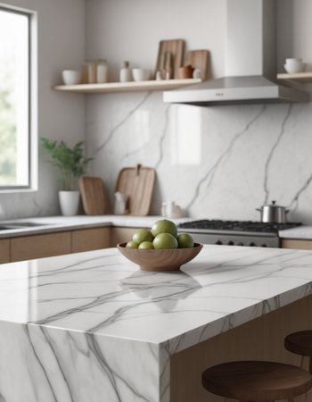 White marble countertop with green apples in modern kitchen. 3d renderingの素材