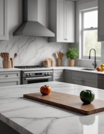 Wooden cutting board with tomato and pepper table in modern kitchenの素材
