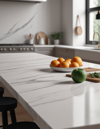 Modern kitchen interior with white marble table and fresh oranges, closeupの素材