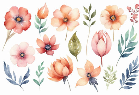 watercolor flowers set. Hand painted illustration isolated on white background.の素材