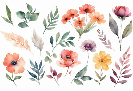 Set of watercolor flowers. Hand drawn illustration. Isolated on white background.の素材