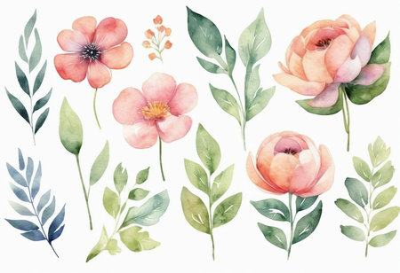 Watercolor vector floral set. Hand painted flowers, leaves and branches.の素材