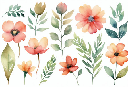 Set of watercolor flowers and leaves. Hand-drawn illustration.の素材