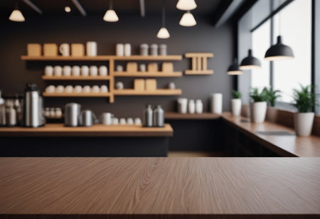 Empty wooden table and blurred coffee shop background. Mock up, 3D Renderingの素材