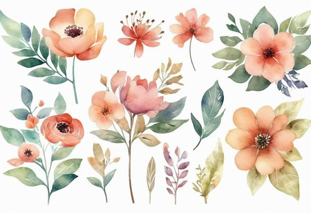 Watercolor flowers set isolated on white background. Hand painted illustration.の素材