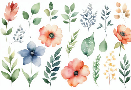 Watercolor set of flowers and leaves isolated on white background. Hand drawn illustration.の素材