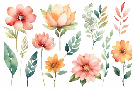 watercolor flowers set. Hand painted illustration isolated on white background.の素材