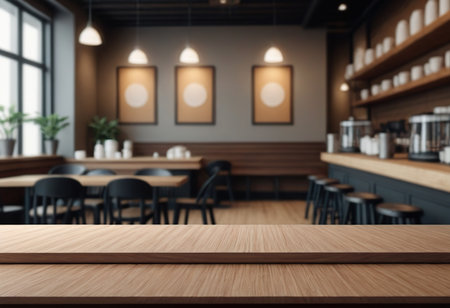 Empty wooden table and cafe interior background. Mock up, 3D Renderingの素材
