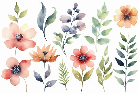 Watercolor flowers set. Hand painted illustration. Isolated on white background.の素材