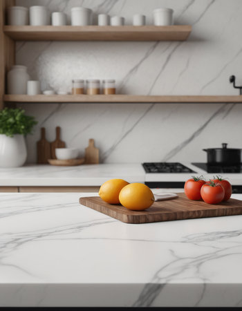 Lemon and tomato on white marble countertop in modern kitchen interiorの素材