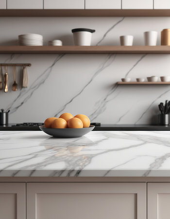 Close up of white marble kitchen countertop with bowl of eggs. 3d renderingの素材