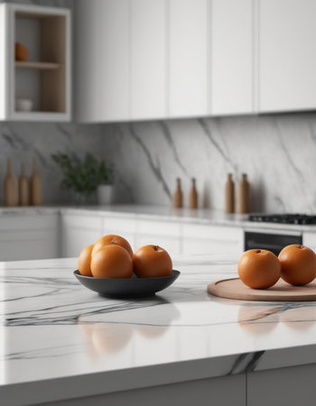 Plate with tangerines on white countertop in modern kitchenの素材