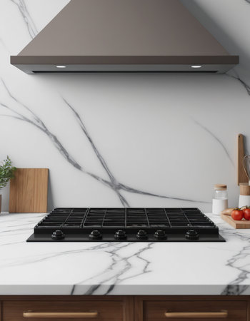 3d Illustration of a modern kitchen in a loft with marbleの素材
