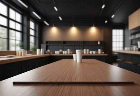 Coffee cup on wooden table in modern cafe. 3d renderingの素材
