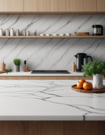 Close up of white marble countertop in modern kitchen. Mock up, 3D Renderingの素材