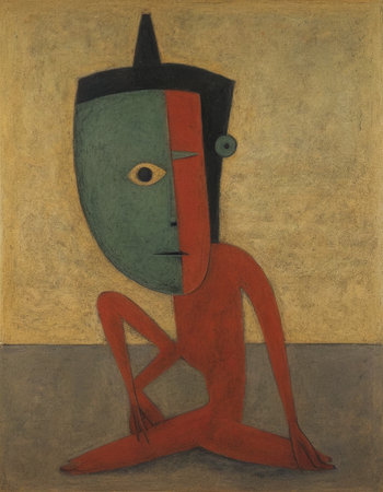 Painting of a sad man sitting on the floor in the roomの素材