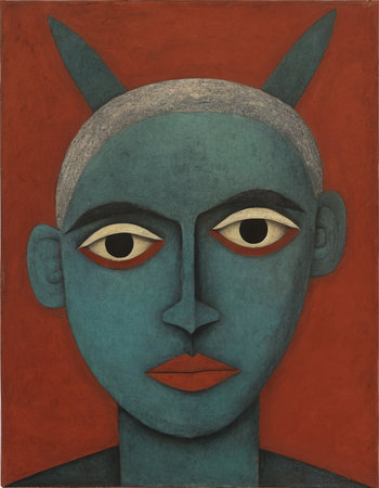 Illustration of the face of a demon with horns on a red backgroundの素材