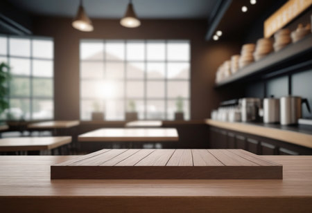Empty wooden table in front of blurred cafe interior. Mock up, 3D Renderingの素材