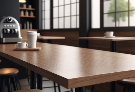 Wooden table and chairs in coffee shop. 3d rendering.の素材