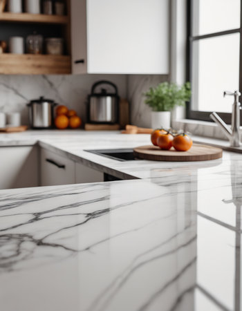 White marble countertop in modern kitchen interior with tangerines.の素材