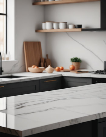 White marble countertop in modern kitchen interior. Blurred background.の素材