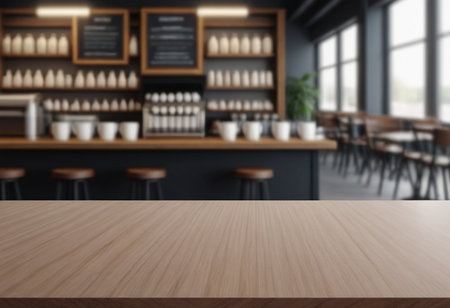 Empty wooden table in front of blurred cafe interior. 3d renderingの素材