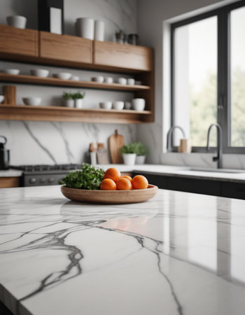 Fresh ripe tangerines on white marble table in modern kitchen interiorの素材