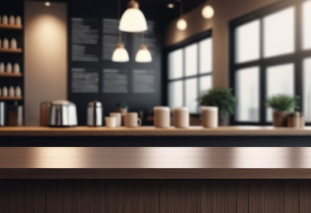 Wood Table Top Of Background In Coffee Shop. 3d renderingの素材