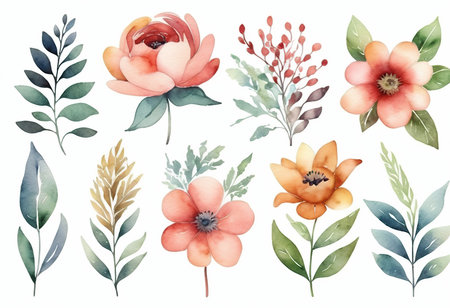 Set of watercolor flowers, leaves and branches. Hand-drawn illustration.の素材