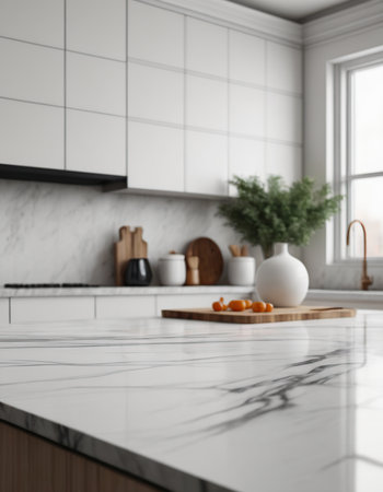 Close up of white marble countertop in modern kitchen interior. 3d renderingの素材