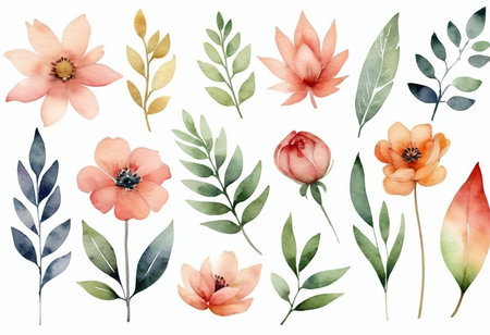 Set of watercolor flowers and leaves. Hand-drawn illustration.の素材