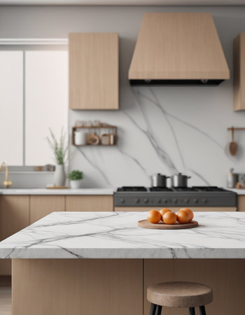 Kitchen interior with white marble countertop, wooden chairs and table with oranges. 3d renderの素材